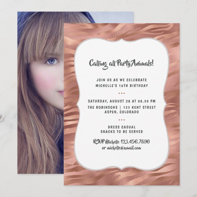 Rose Gold Foil Tiger Streifen jedes Alter Geburtst Einladung (Vorne/Hinten)