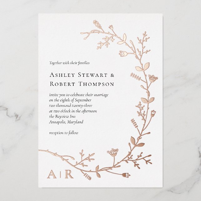 Rose Gold Foil Vine Scroll Hochzeit Einladung, Folieneinladung (Vorderseite)