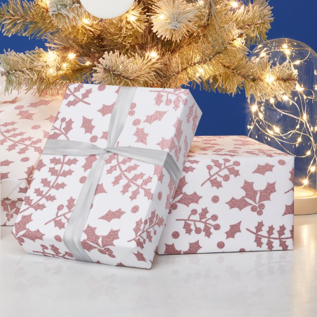 Rose Gold Foil & White Holly Weihnachten Geschenkpapier (Feiertage)