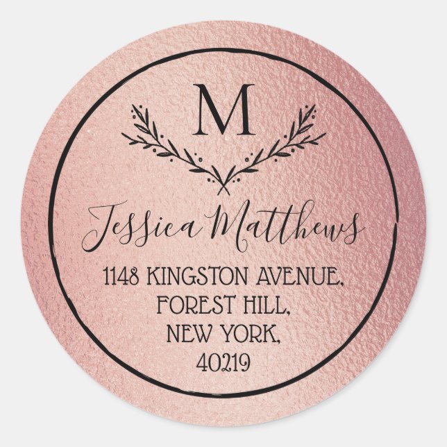 Rose Gold Foil Wreath Monogram Rücksendeadresse Runder Aufkleber (Vorderseite)