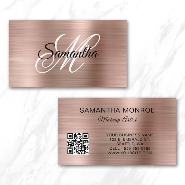 Rose Gold Folie Fancy Monogramm QR Code Visitenkarte (Rose Gold Foil Fancy Monogram QR Code Business Card)