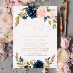 ROSE GOLD FOLIE Rosa Navy Blumen Baby Shower  Folieneinladung