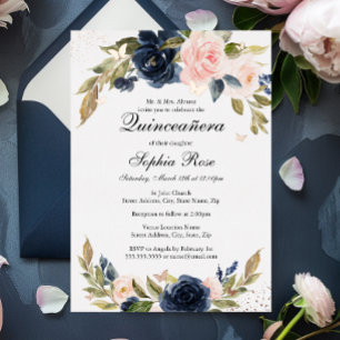 ROSE GOLD FOLIE Rosa Navy Blumen Quinceanera Folieneinladung