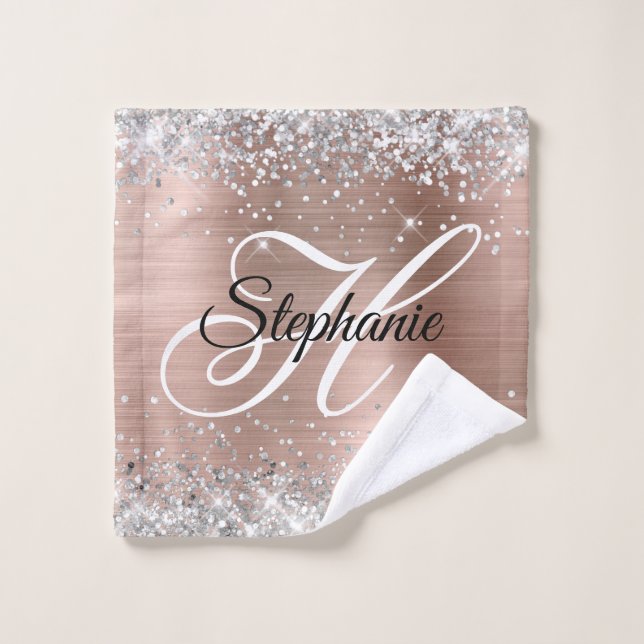 Rose Gold Foncé Pailleté Argent Monogramme Fantais (Gant de toilette)