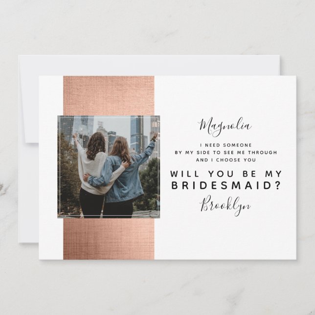 Rose Gold Foto Bridesmaid Vorschlagkarte Einladung (Vorderseite)