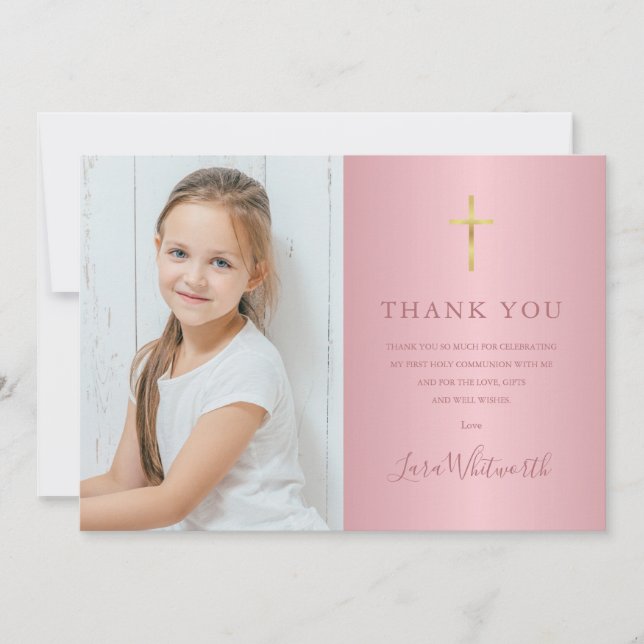 Rose Gold Foto Erste Heilige Kommune Dankeskarte (Vorderseite)