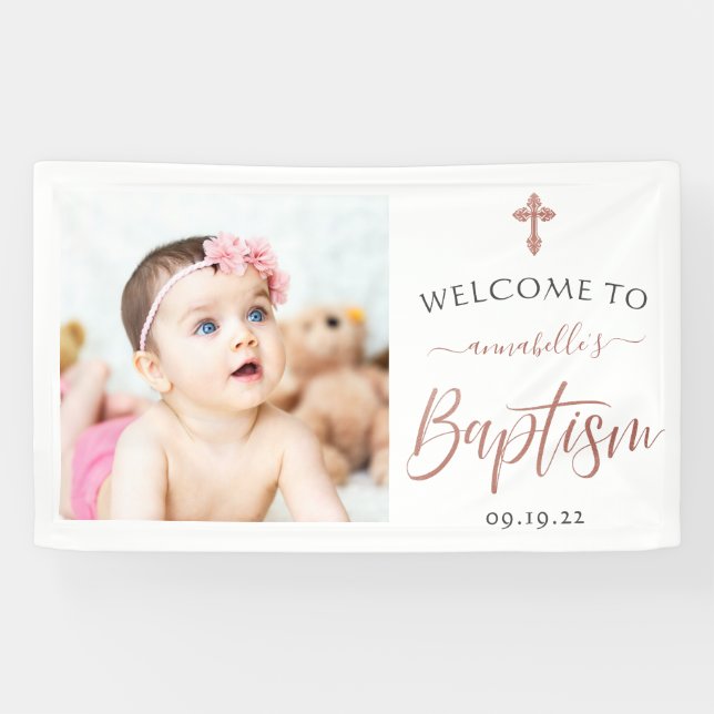 Rose Gold Foto Girl Taufe Willkommensbanner Banner (Horizontal)