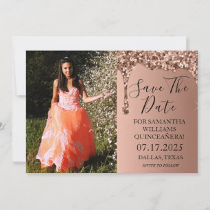 Rose Gold Foto Glittertropfen Quinceanera  Save The Date