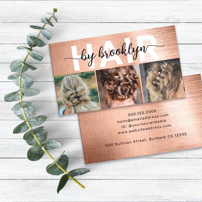 Rose Gold Foto Typografie Hair Stylist Visitenkarte (Von Creator hochgeladen)