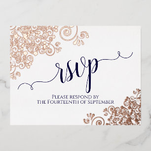 Rose Gold Frills & Navy auf White Wedding RSVP Folie Einladungspostkarte
