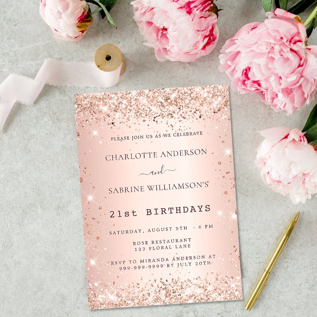 Rose Gold funkeln zwei Personen Zwillinge Geburtst Einladung (Von Creator hochgeladen)