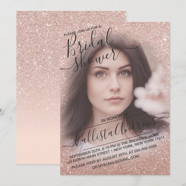 Rose Gold Funkelnd Glitzer Foto Brautparty Einladung (Vorne/Hinten)