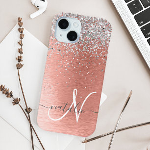 Rose Gold gebürstetes Metall Glitter Monogramm Nam iPhone 15 Hülle