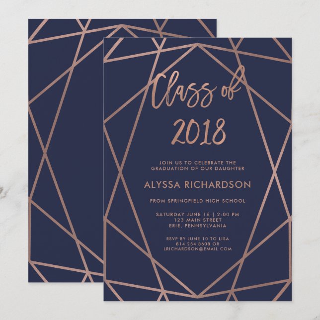 Rose Gold Geometric auf Navy Blue Graduation Party Einladung (Vorne/Hinten)