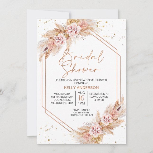 Rose Gold Geometric Boho Pampas Brautparty Einladung (Vorderseite)