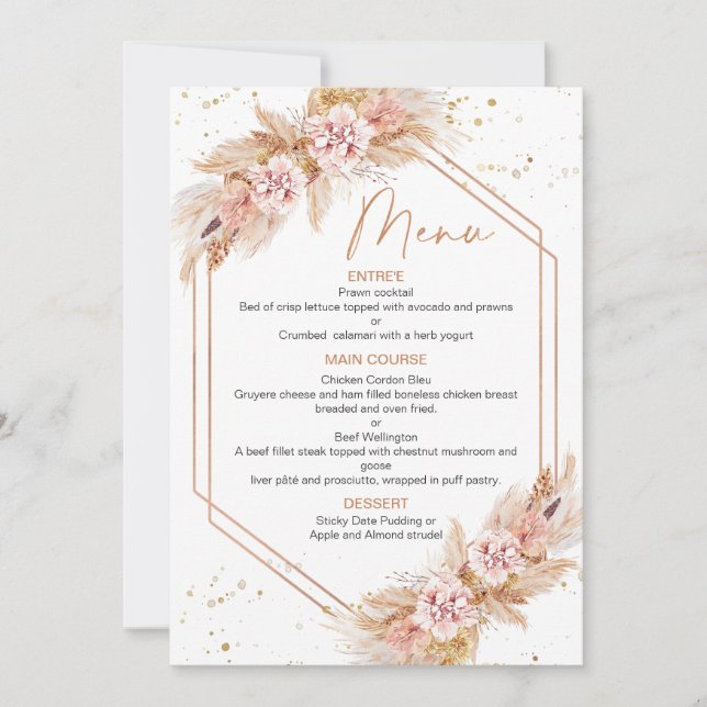 Rose Gold Geometric Boho Pampas Brautparty Menü Einladung (Vorderseite)