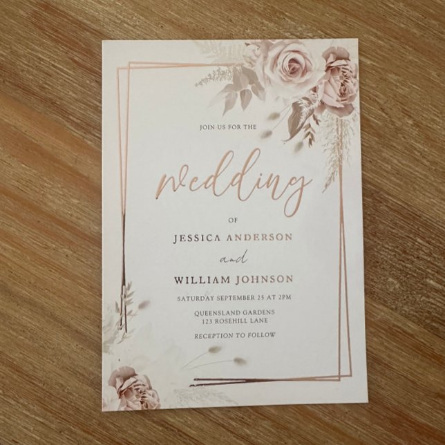 Rose Gold Geometric Border Blush Floral Wedding Folieneinladung (Von Creator hochgeladen)