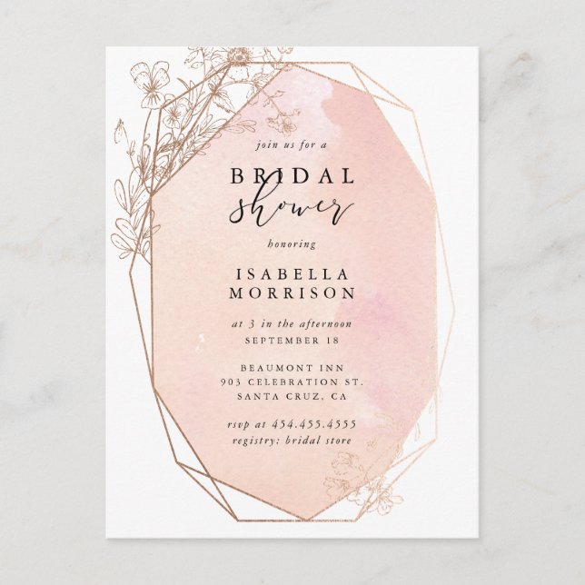 Rose Gold Geometric Floral Brautparty Einladungspostkarte (Vorderseite)