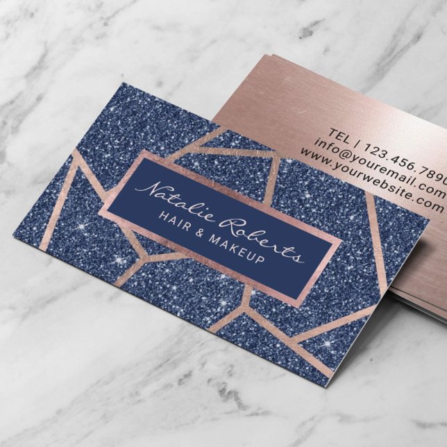 Rose Gold Geometric Navy Blue Glitzer Beauty Salon Visitenkarte (Von Creator hochgeladen)