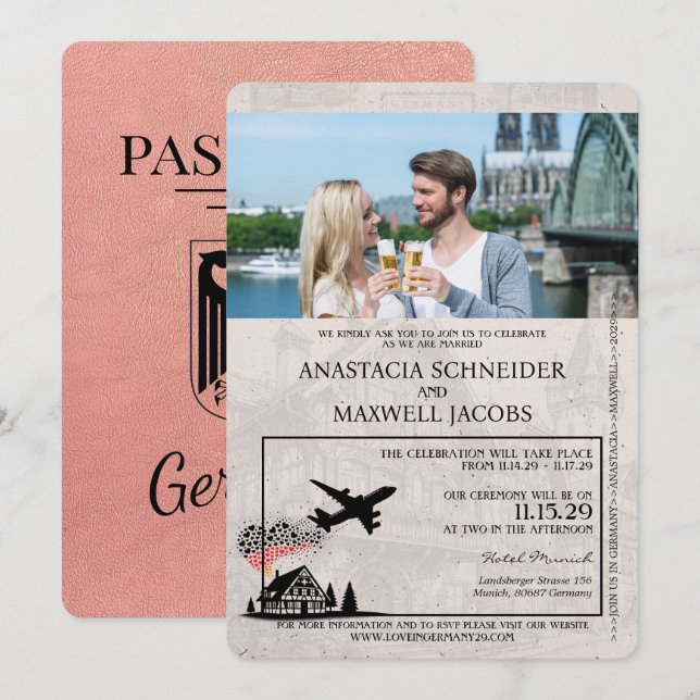 Rose Gold Germany Pass Einladung zur Hochzeit (Vorne/Hinten)