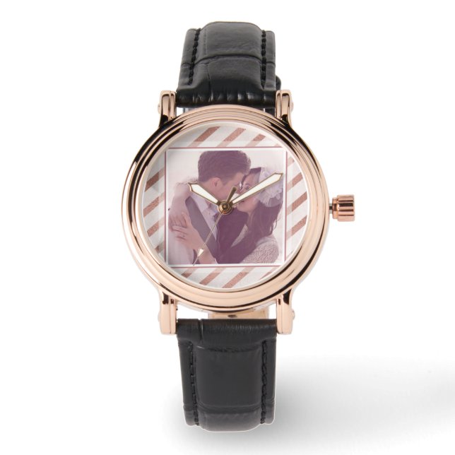 Rose Gold gestreift Elegantes Foto Armbanduhr (Vorderseite)