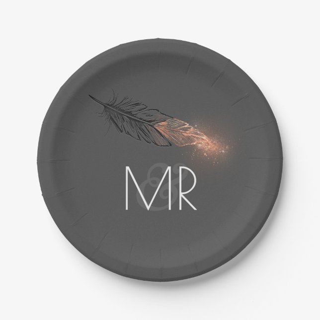 Rose Gold getauchte Feder Elegante graue Hochzeit Pappteller (Vorderseite)