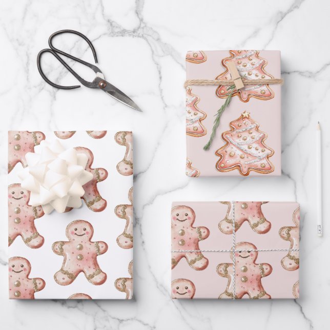 Rose Gold Gingerbread Cookie Weihnachtsbaumen Geschenkpapier Set (Vorderseite)