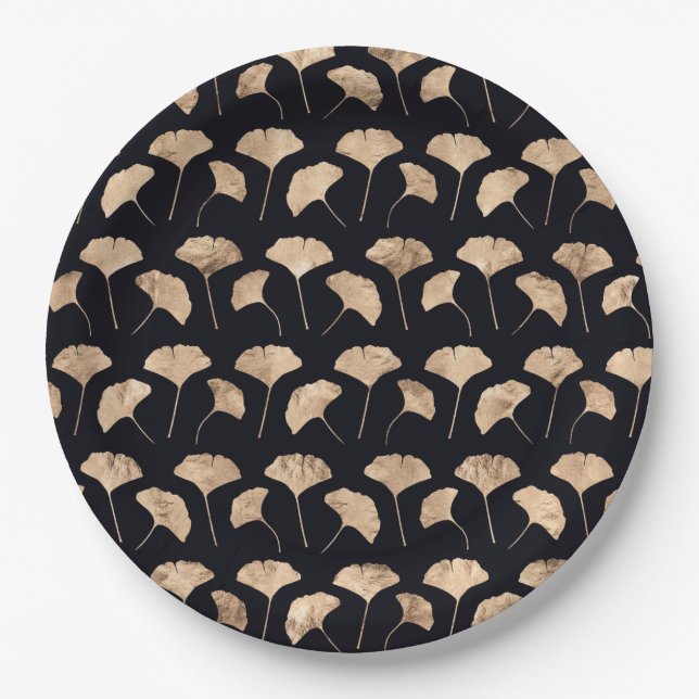 Rose Gold Ginko Blätter schwarzer Hintergrund Pappteller (Vorderseite)
