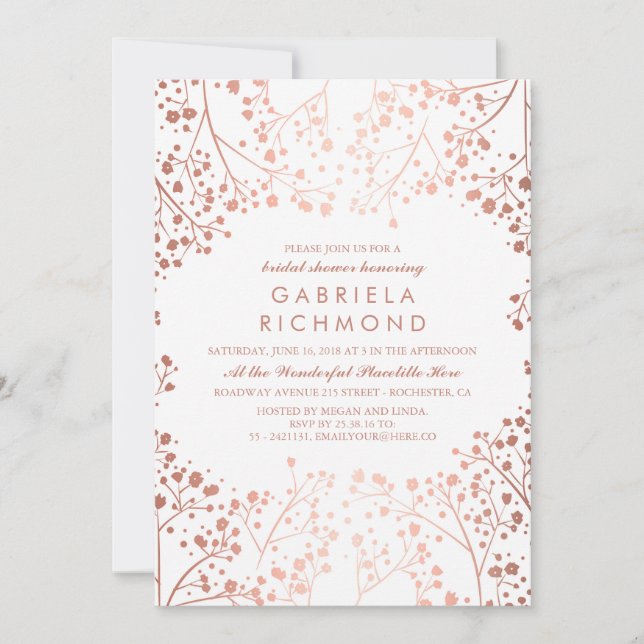 Rose Gold Gipskraut Floral Brautparty Einladung (Vorderseite)