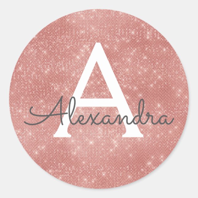 Rose Gold Girl Sparkle Monogram Runder Aufkleber (Vorderseite)