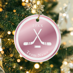 Rose Gold Girls Eishockey Thema Name & Jahr Rosa Keramik Ornament