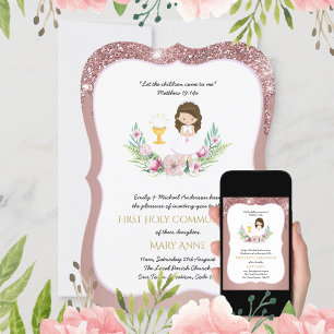Rose Gold Girls Floral Erste Heilige Kommune Einladung