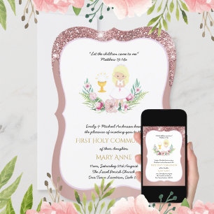 Rose Gold Girls Floral Erste Heilige Kommune Invit Einladung