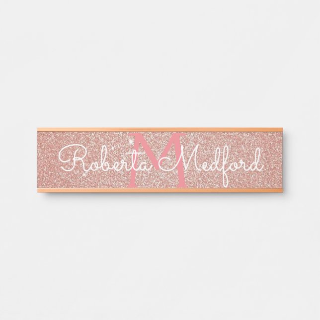 Rose Gold Girly Glitzer Mit Monogramm Türsignatur Türschild (Vorderseite )