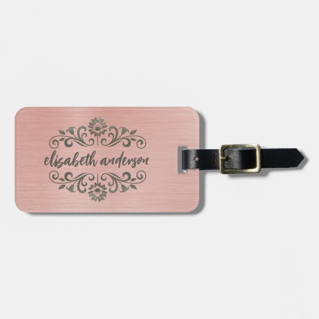 Rose Gold Glam Brushed Metal Monogram Name Script Gepäckanhänger (Vorderseite horizontal)