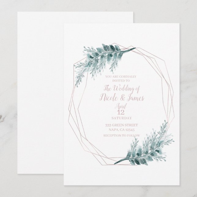 Rose Gold Glam Geometric Botanical Wedding Einladung (Vorne/Hinten)
