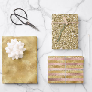 Rose Gold Glam Glitz Streifen Glitzer Geschenkpapier Set