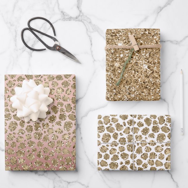 Rose Gold Glam Glitzer Leopard Geschenkpapier Set (Vorderseite)