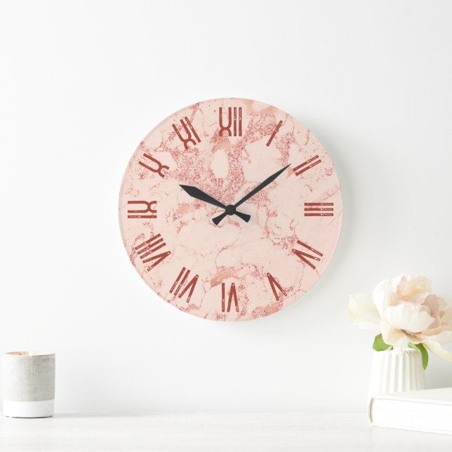 Rose Gold Glam Marble Retro Grunge römische Zahlen Große Wanduhr (Zuhause)