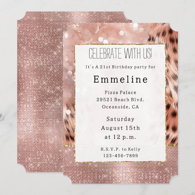 Rose Gold Glam Sparkah Cheetah Einladung (Vorne/Hinten)