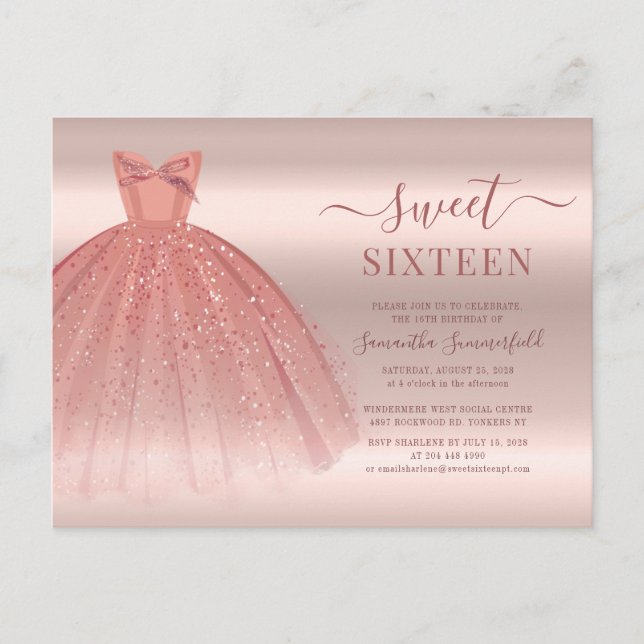 Rose Gold Glam Sweet 16 Modernes Script Einladungspostkarte (Vorderseite)