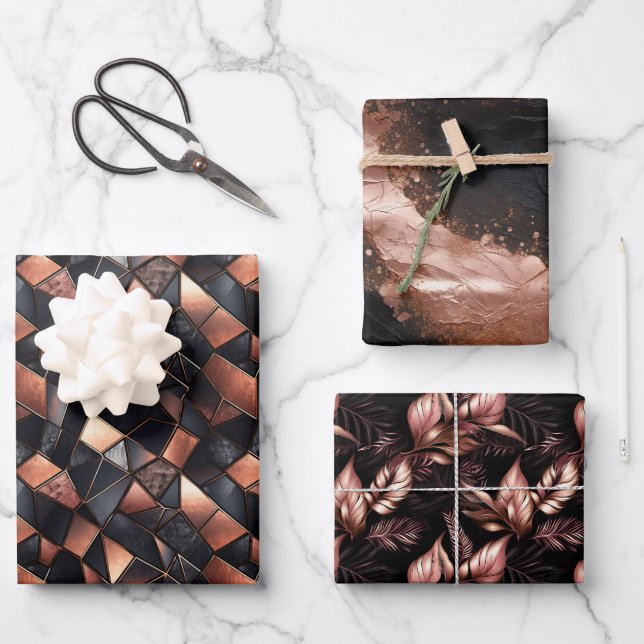 Rose Gold Glam und Black Geschenkpapier Set (Vorderseite)
