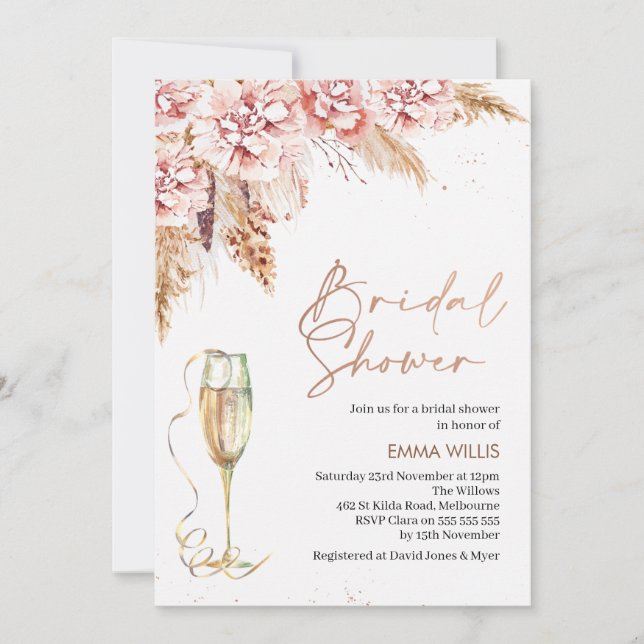 Rose Gold Glass Flor Pampas Grass Brautparty Einladung (Vorderseite)