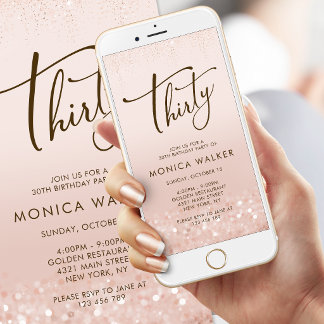 Rose Gold Glitter 30. Geburtstags-Mobil-Einladung Ankündigung
