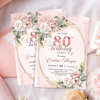 Rose Gold Glitter 80th Birthday Floral Invitation Einladung