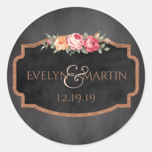 Rose Gold Glitter Blumen Chalkboard Hochzeitsgunst Runder Aufkleber