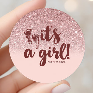 Rose Gold Glitter Blush Pink Ombre It's A Girl Bab Runder Aufkleber