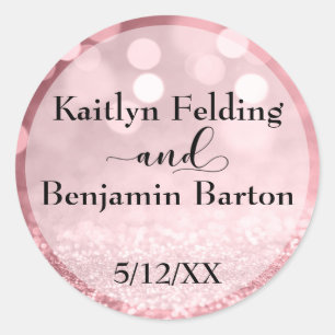 Rose Gold Glitter Bokeh Namen & Hochzeitsdatum Runder Aufkleber