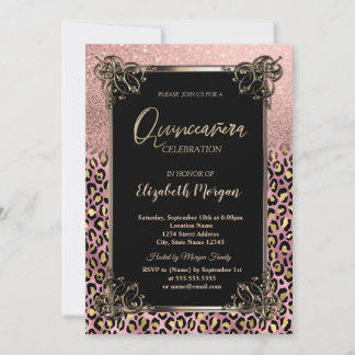 Rose Gold Glitter Border Leopard Quinceañera Einladung