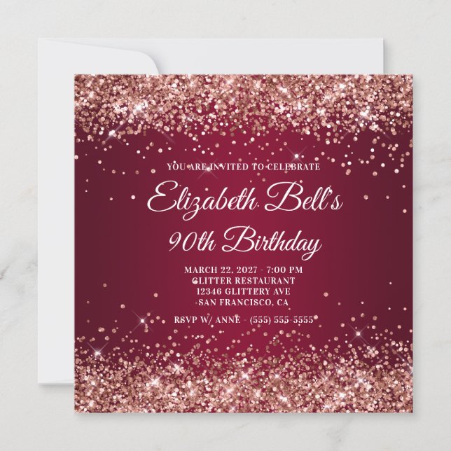 Rose Gold Glitter Burgundy Ombre 90th Birthday Einladung (Vorderseite)